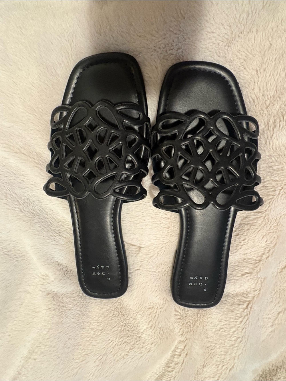 A New Day Black Cutout Slide Sandals Size 8.5 Square Toe
